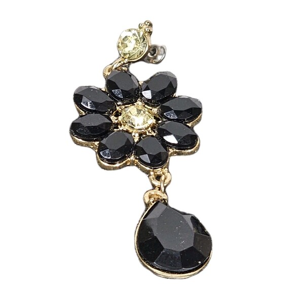Vintage Style Black Crystal Flower Dangle Drop Earrings Gold Tone Yellow Accents - Picture 3 of 6